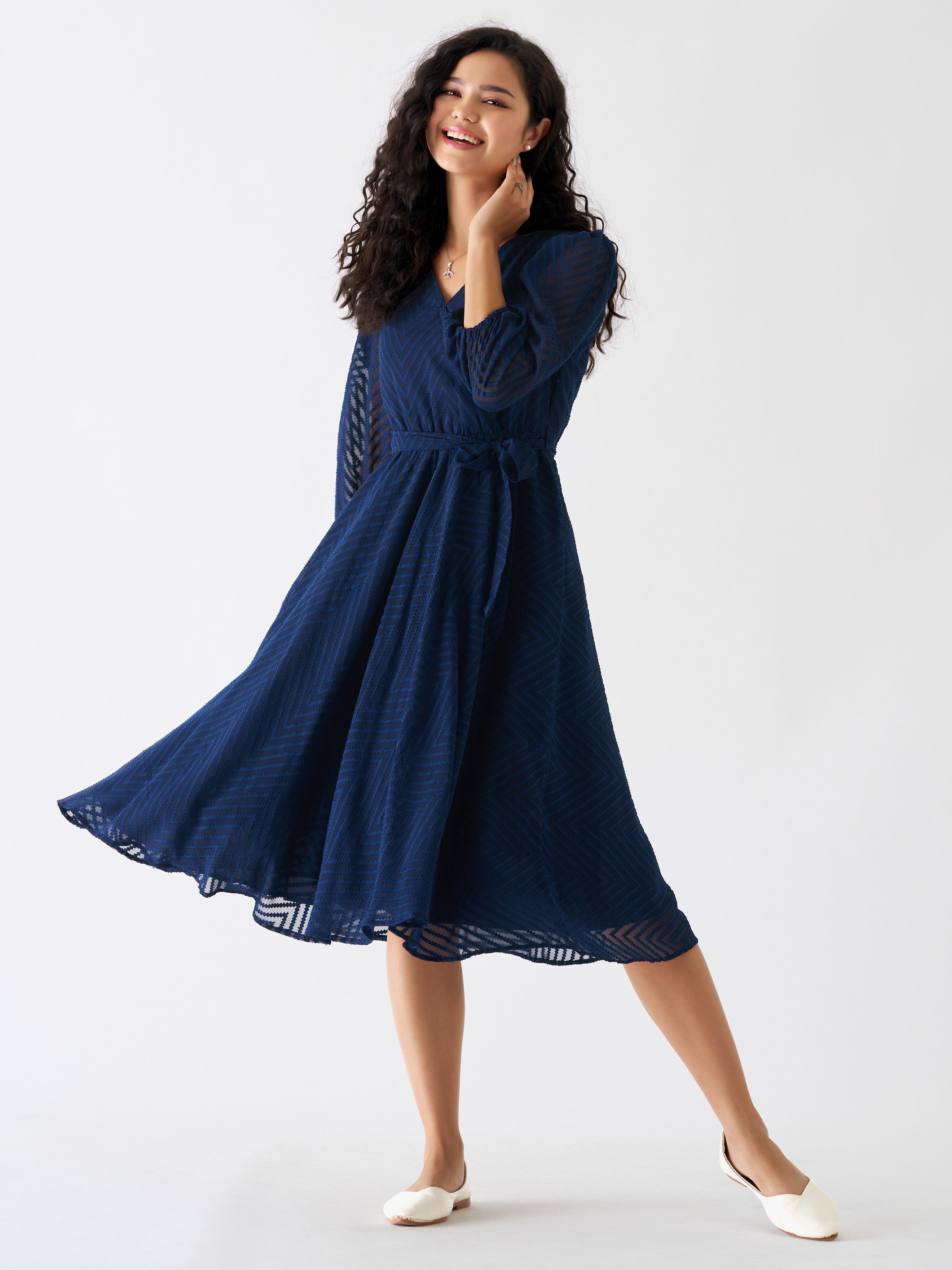 Navy Blue Chiffon Brasso Swiss Dot V-Neck Dress