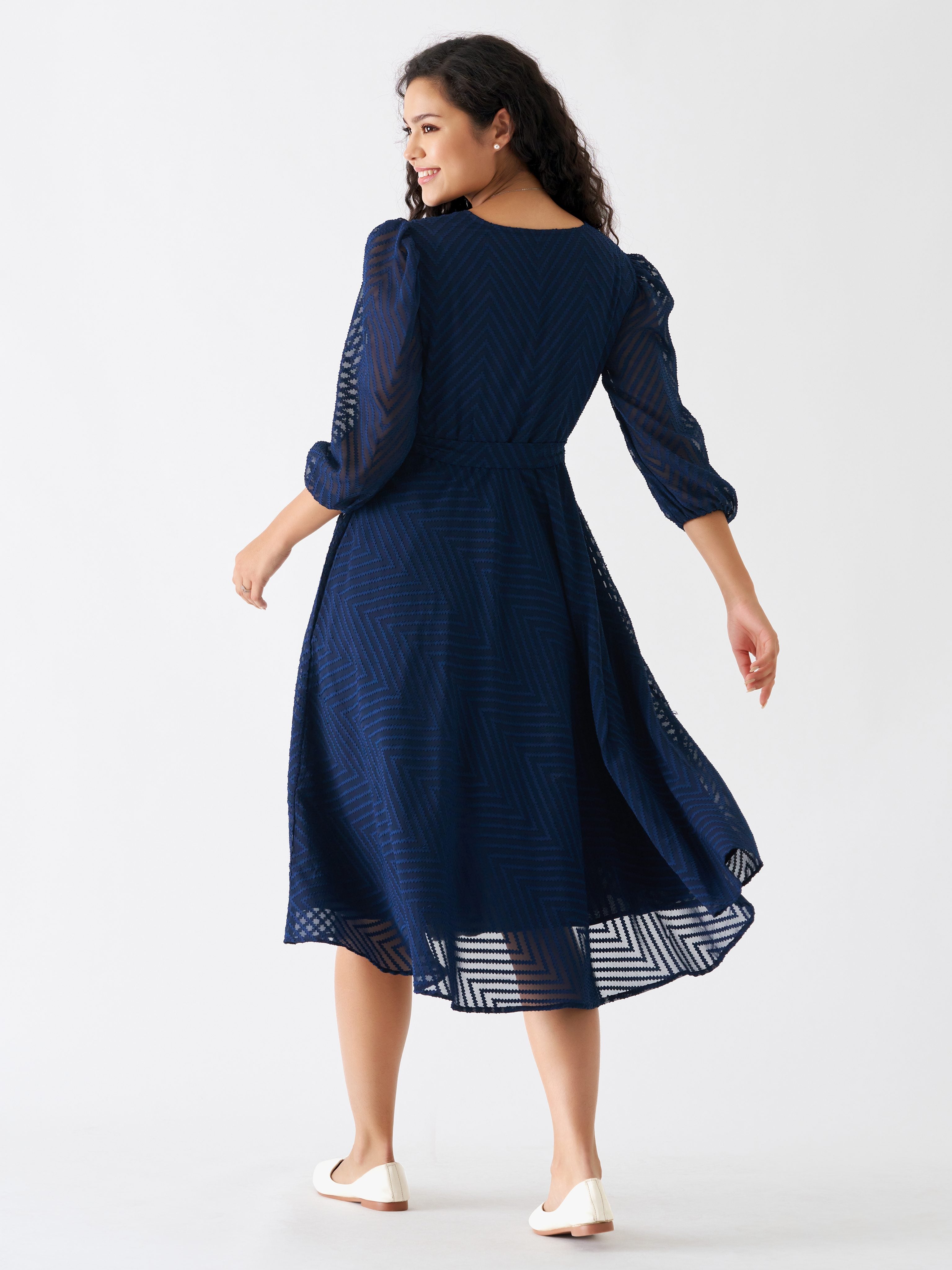 Navy Blue Chiffon Brasso Swiss Dot V-Neck Dress