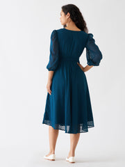 Peacock Blue Chiffon Brasso Swiss Dot V-Neck Dress