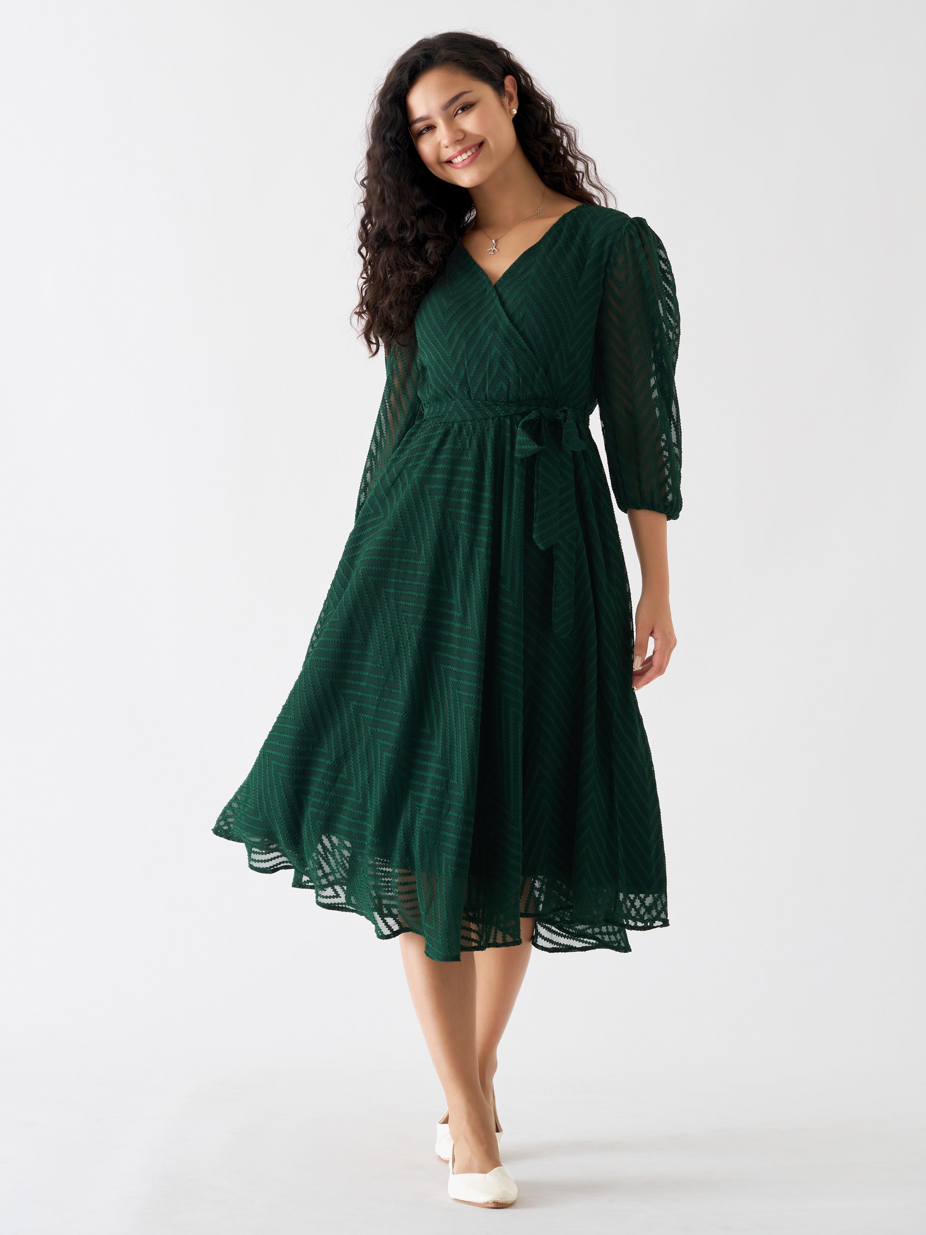 Dark Green Chiffon Brasso Swiss Dot V-Neck Dress