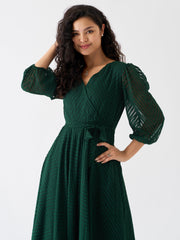 Dark Green Chiffon Brasso Swiss Dot V-Neck Dress