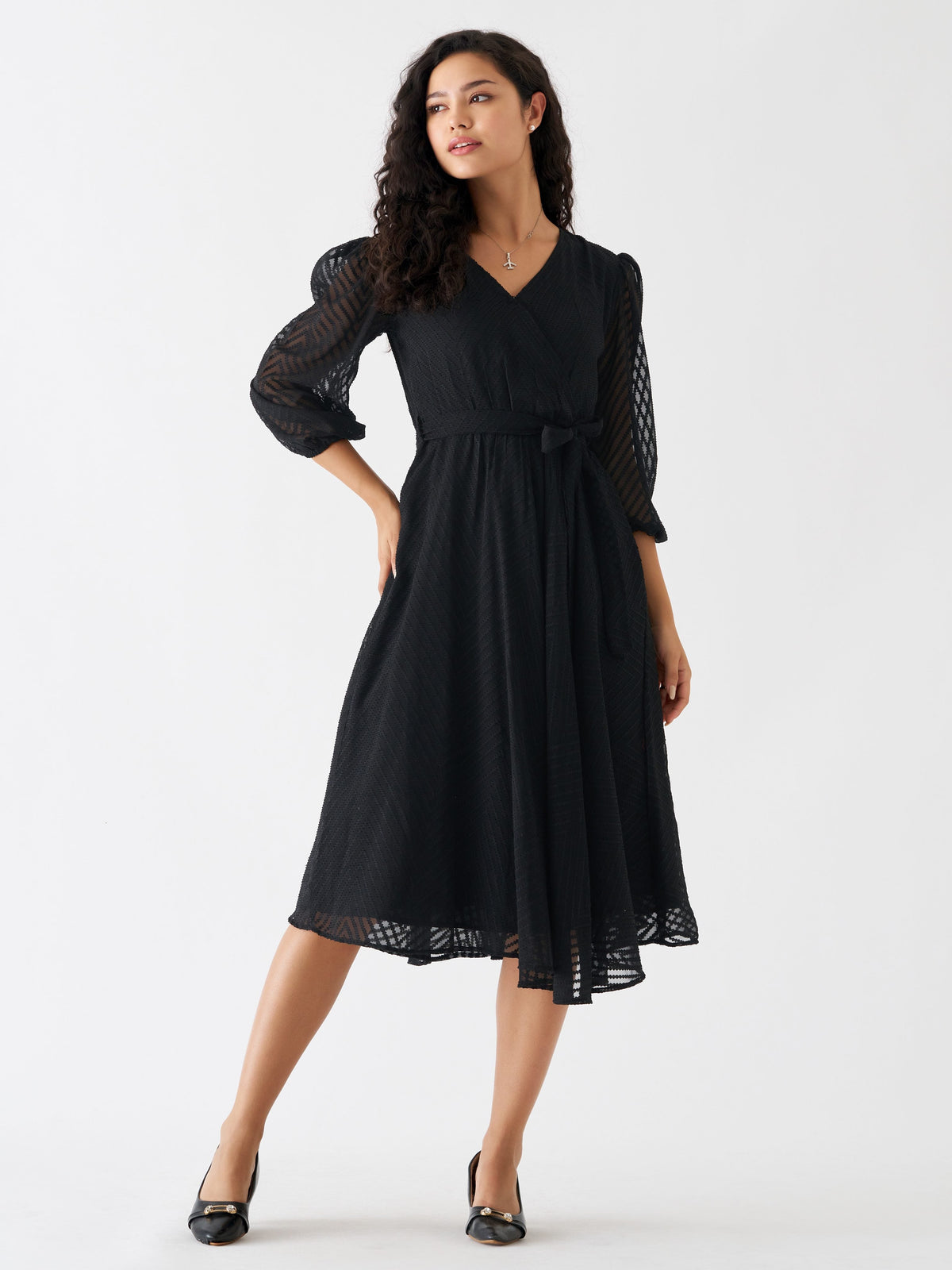 Black Chiffon Brasso Swiss Dot V-Neck Dress