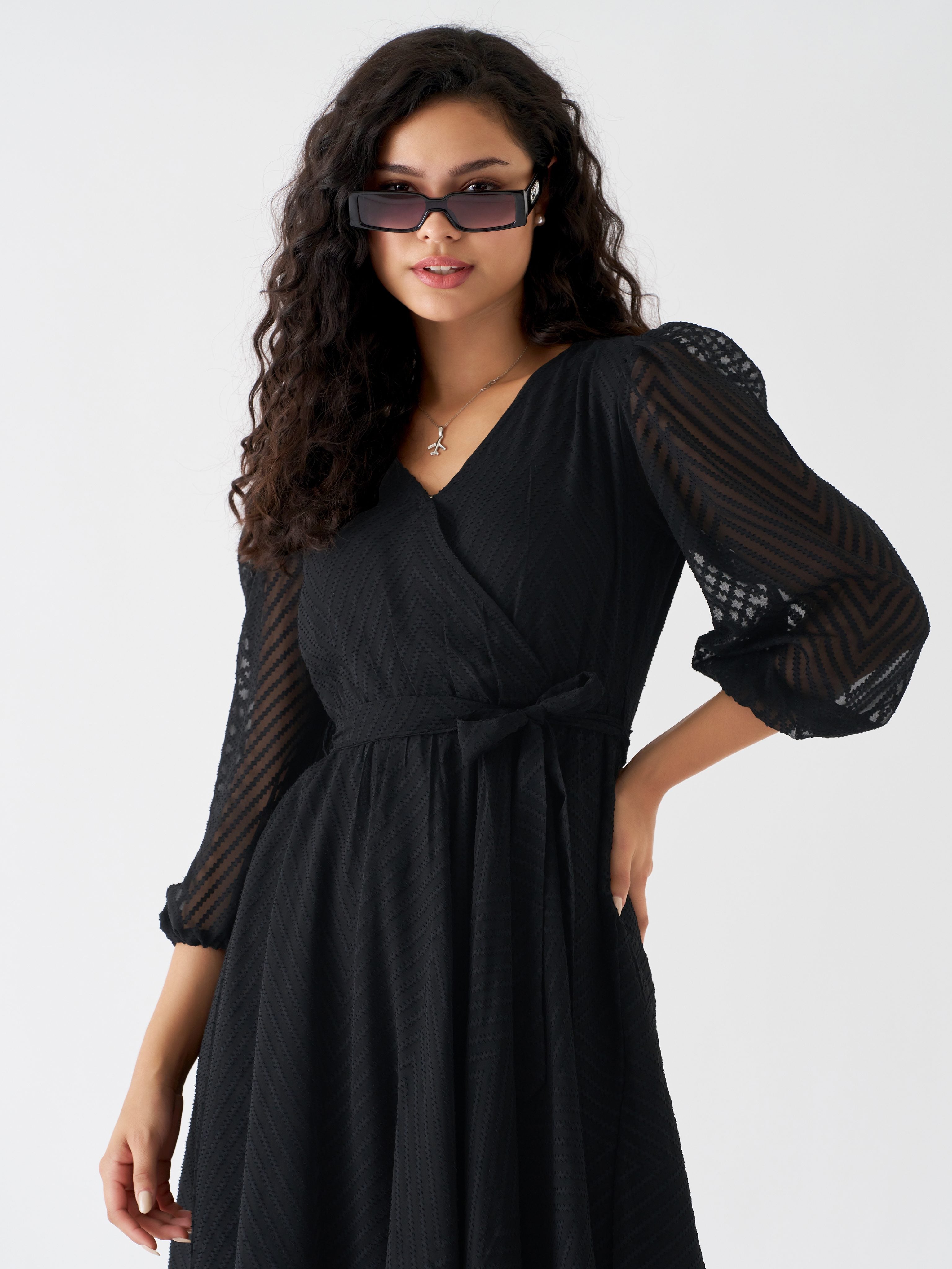 Black Chiffon Brasso Swiss Dot V-Neck Dress