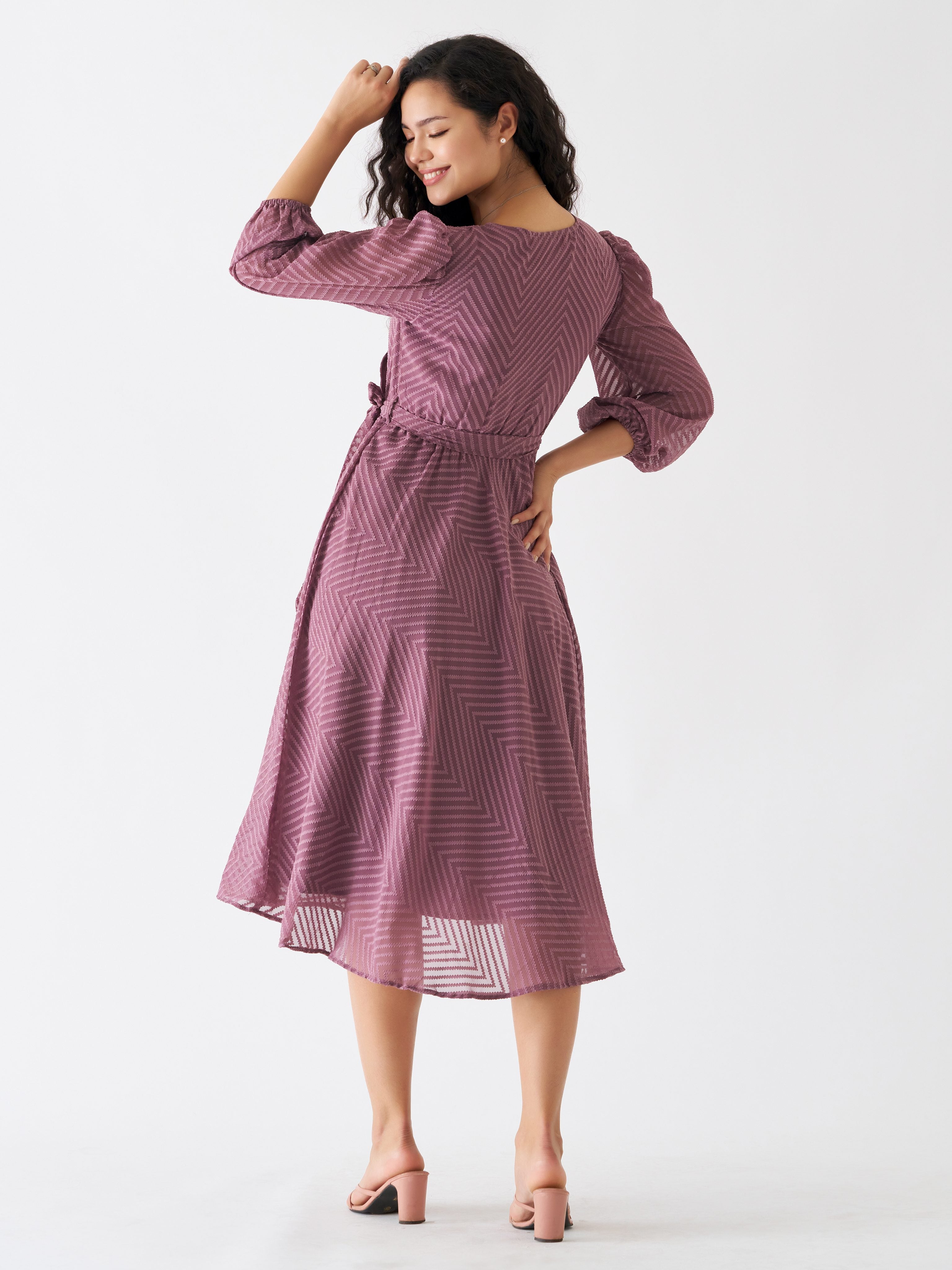 Purple Taupe Chiffon Brasso Swiss Dot V-Neck Dress