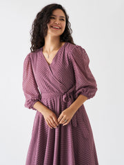 Purple Taupe Chiffon Brasso Swiss Dot V-Neck Dress