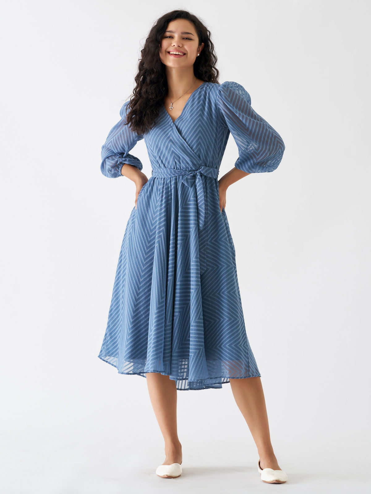 Slate Blue Chiffon Brasso Swiss Dot V-Neck Dress