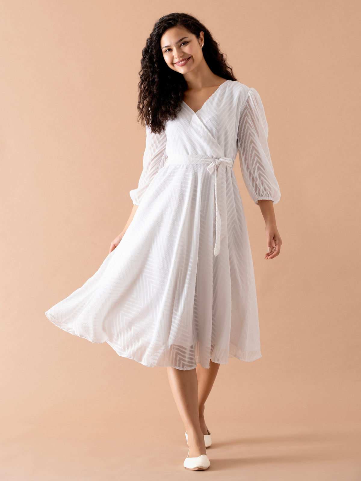 White Chiffon Brasso Swiss Dot V-Neck Dress