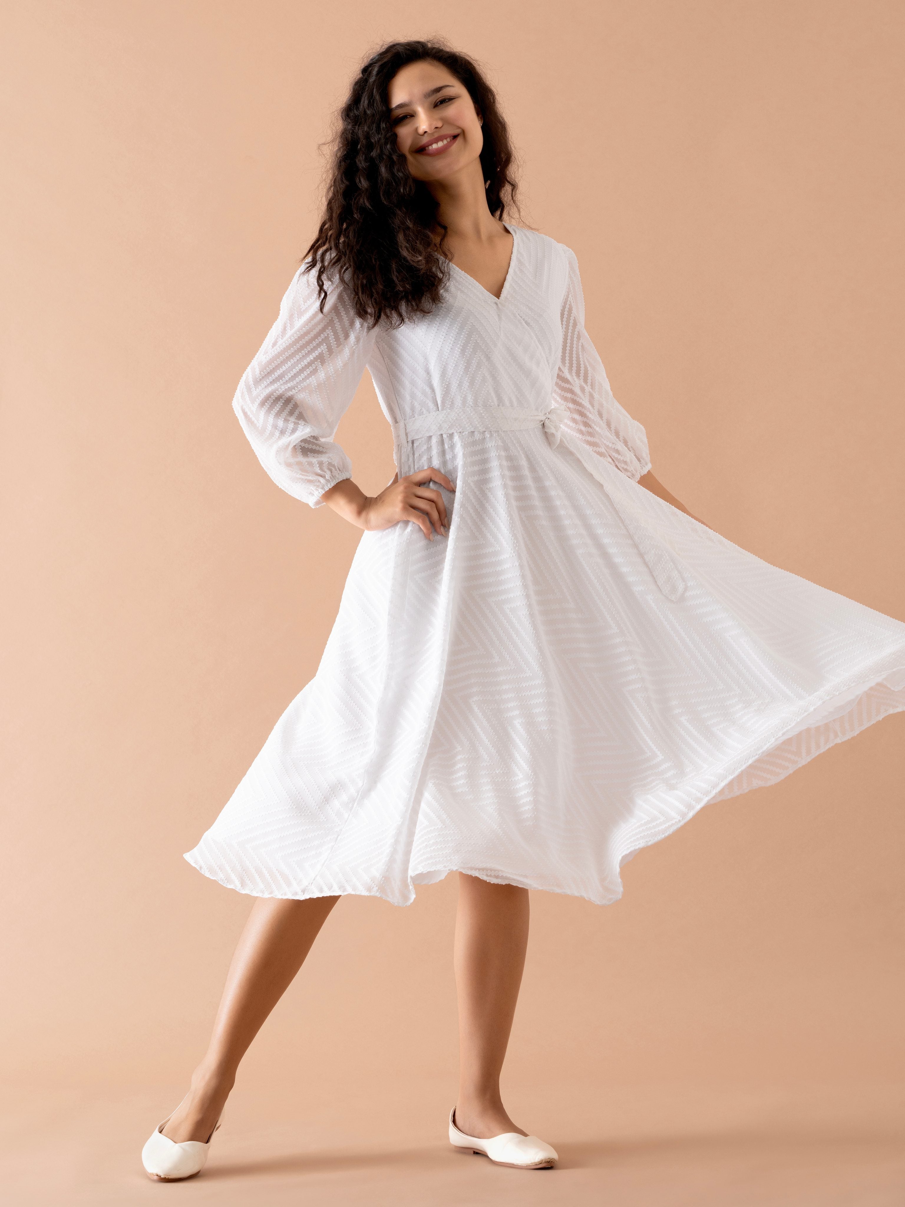 White Chiffon Brasso Swiss Dot V-Neck Dress