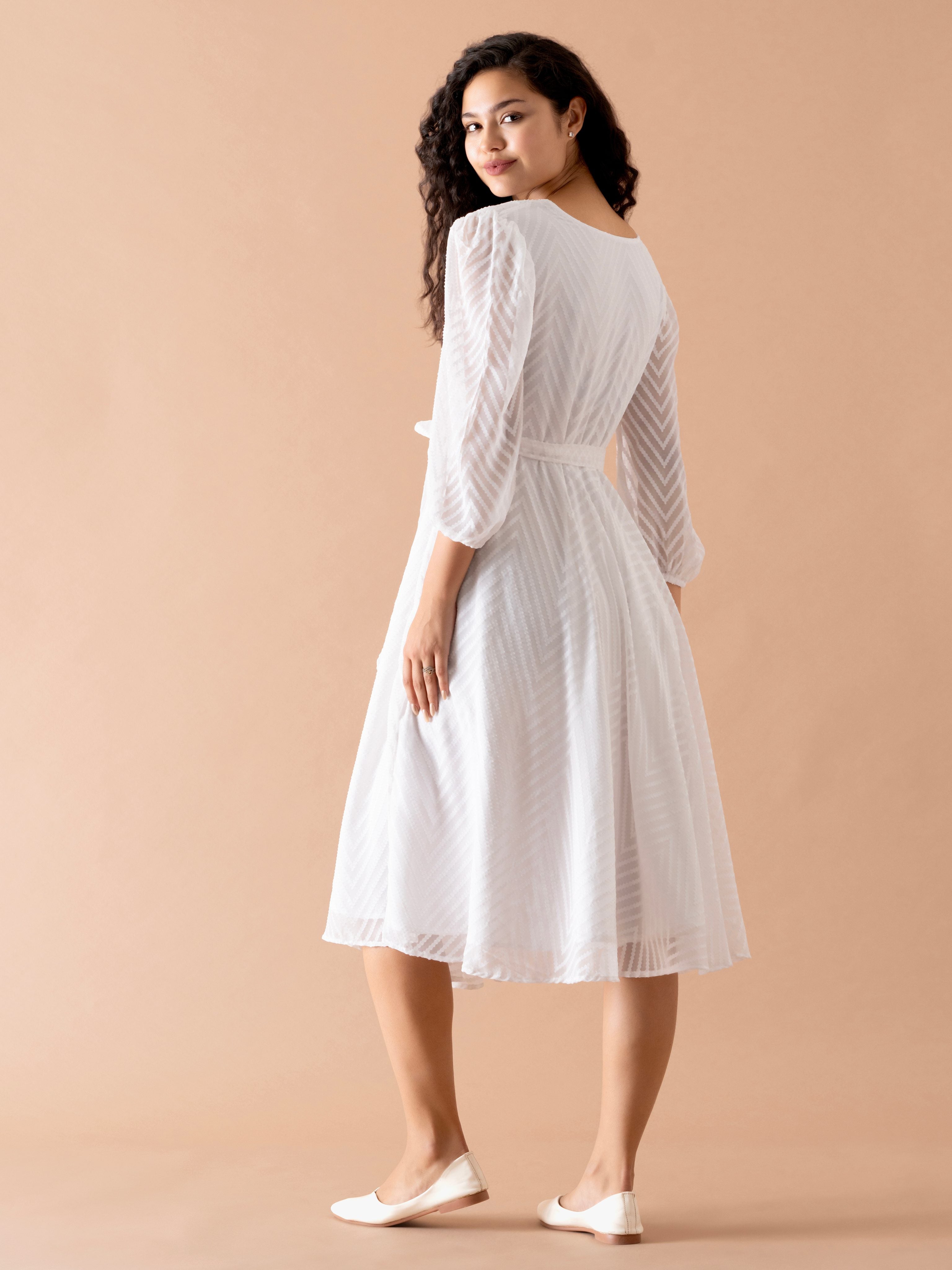 White Chiffon Brasso Swiss Dot V-Neck Dress