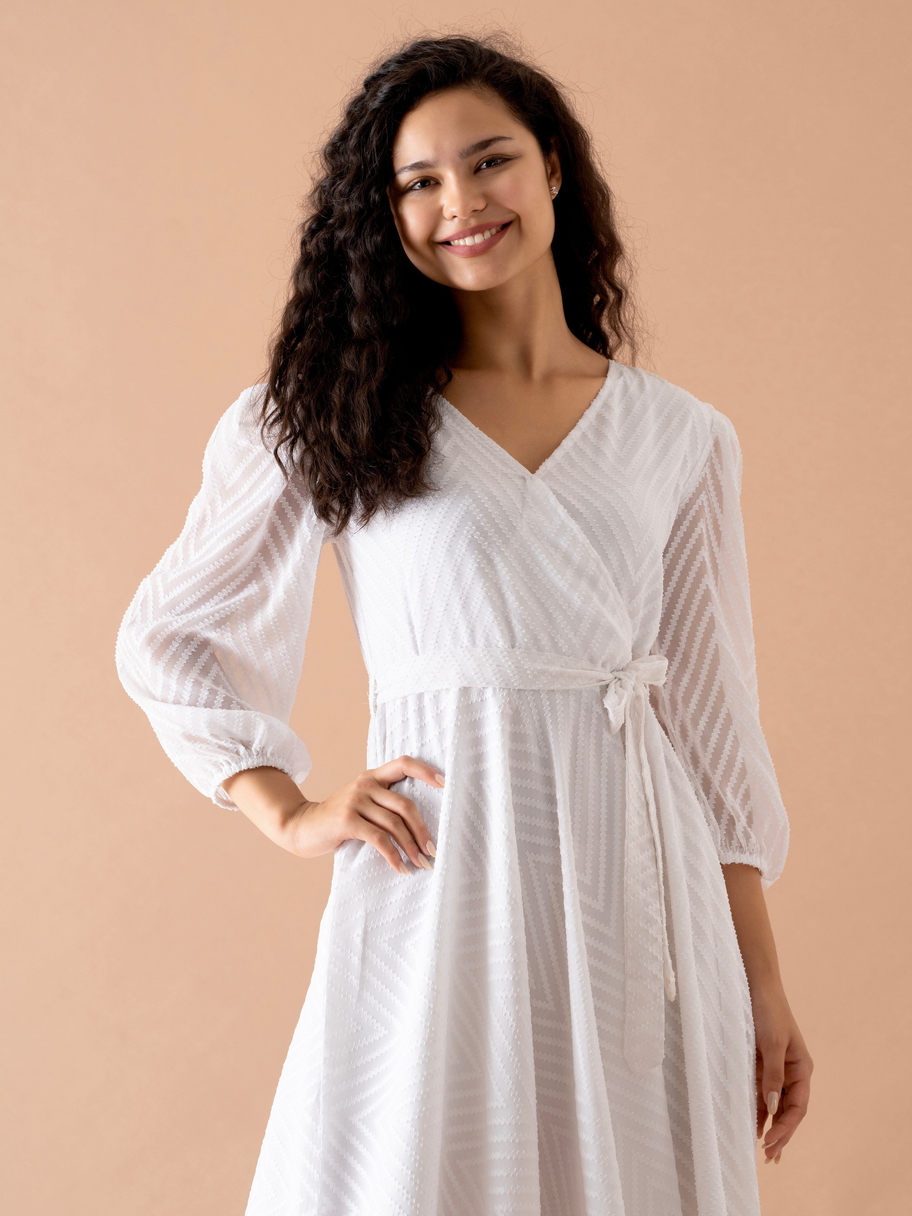 White Chiffon Brasso Swiss Dot V-Neck Dress