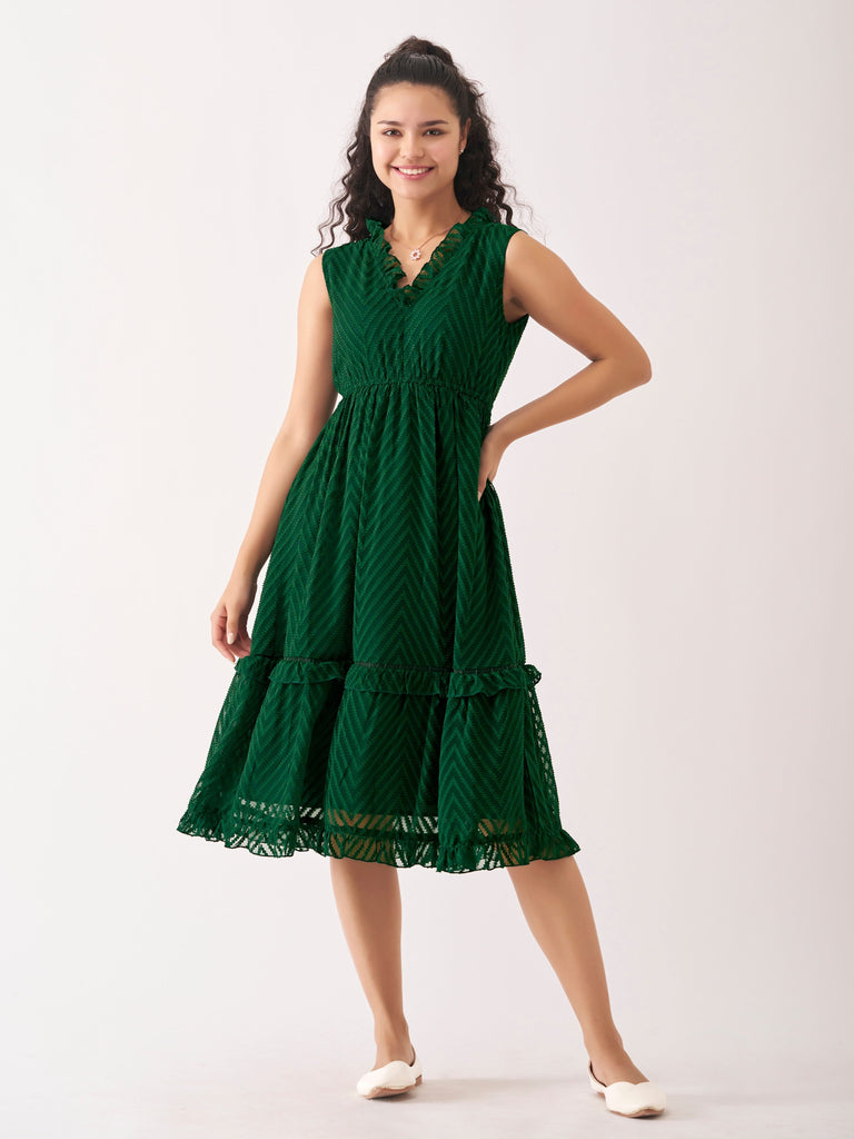 Green Chiffon Brasso Swiss Dot V-Neck Dress