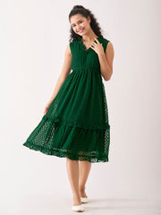 Green Chiffon Brasso Swiss Dot V-Neck Dress