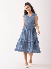 Slate Blue Chiffon Brasso Swiss Dot V-Neck Dress