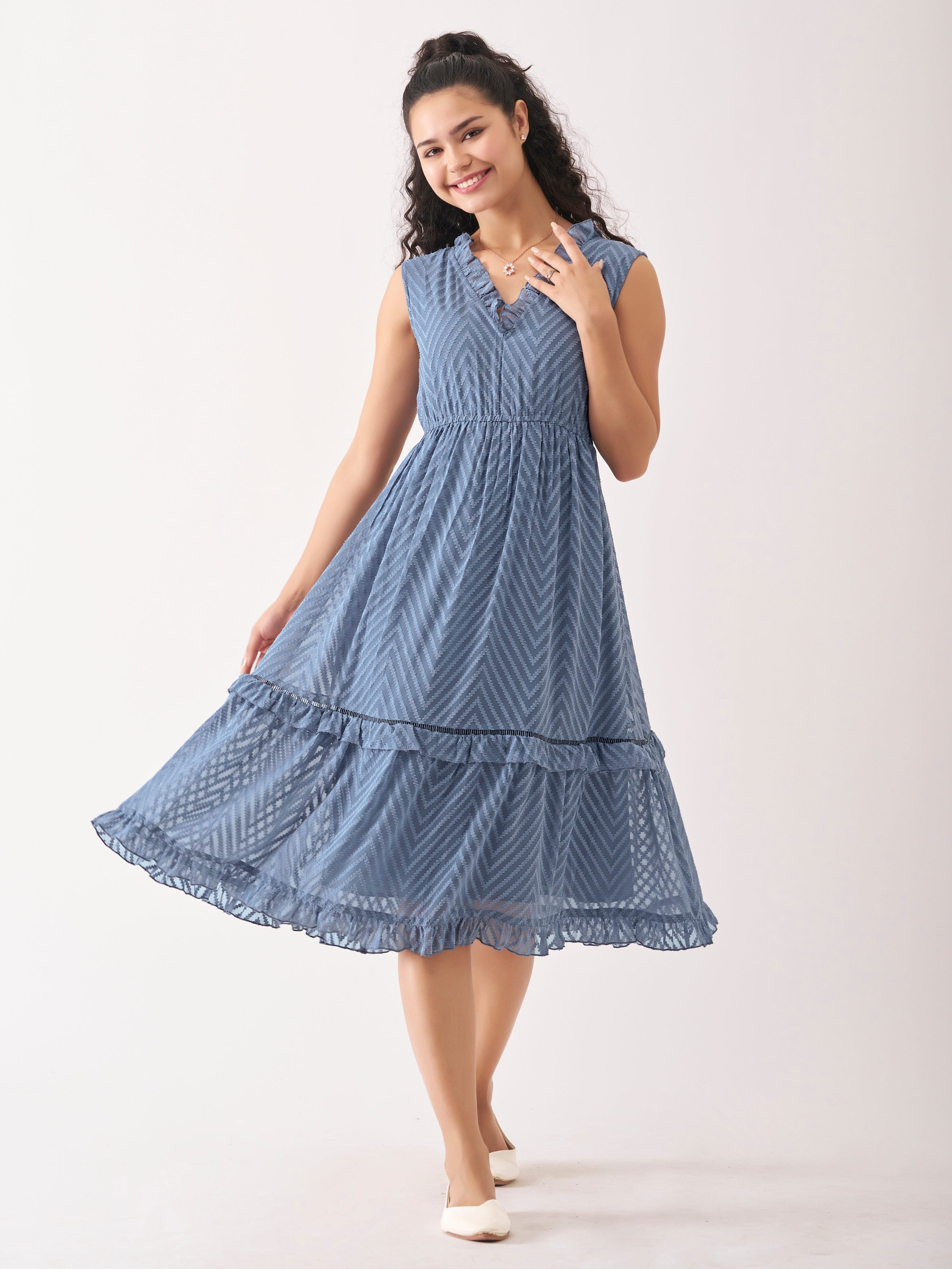 Slate Blue Chiffon Brasso Swiss Dot V-Neck Dress