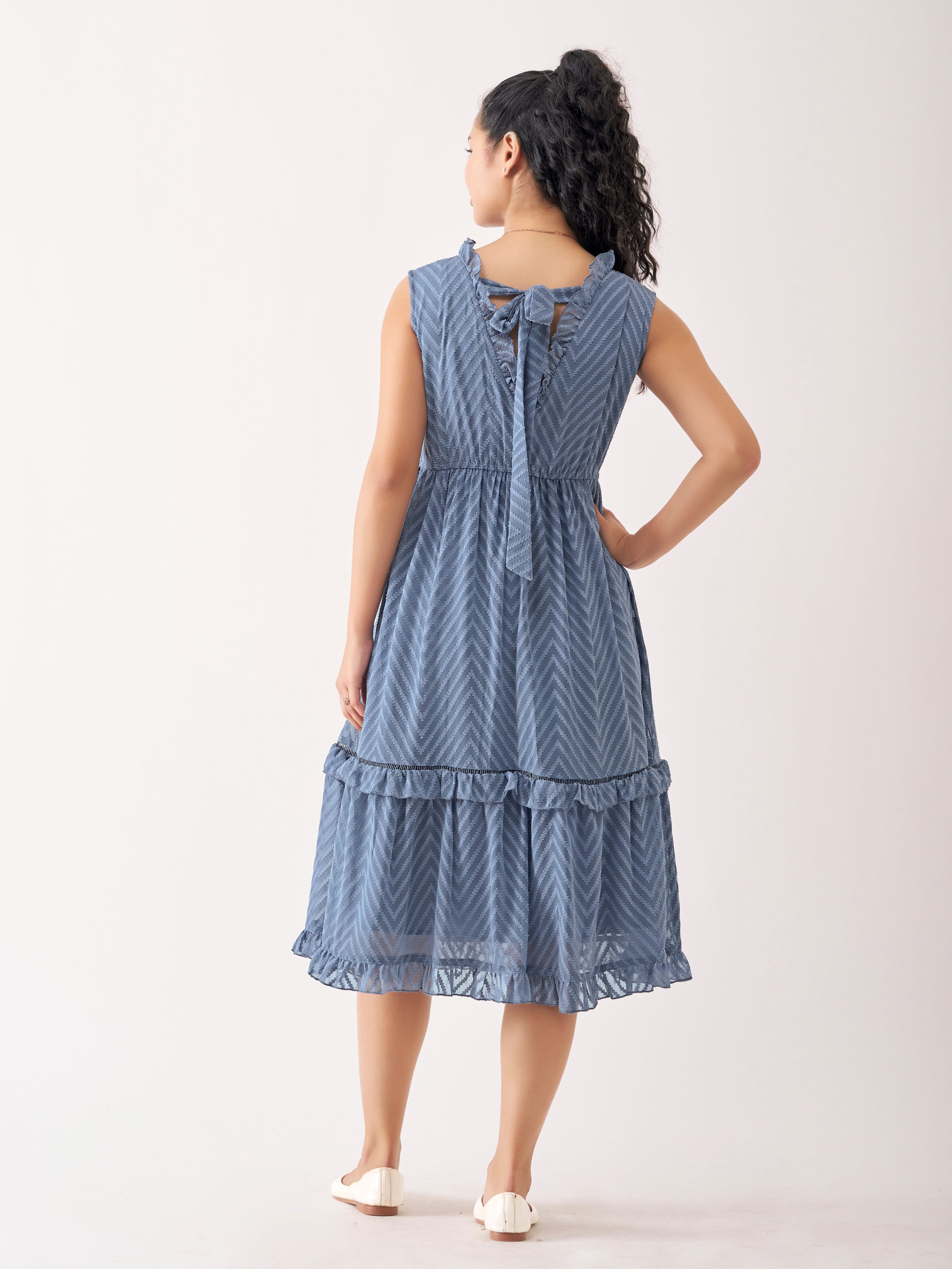 Slate Blue Chiffon Brasso Swiss Dot V-Neck Dress