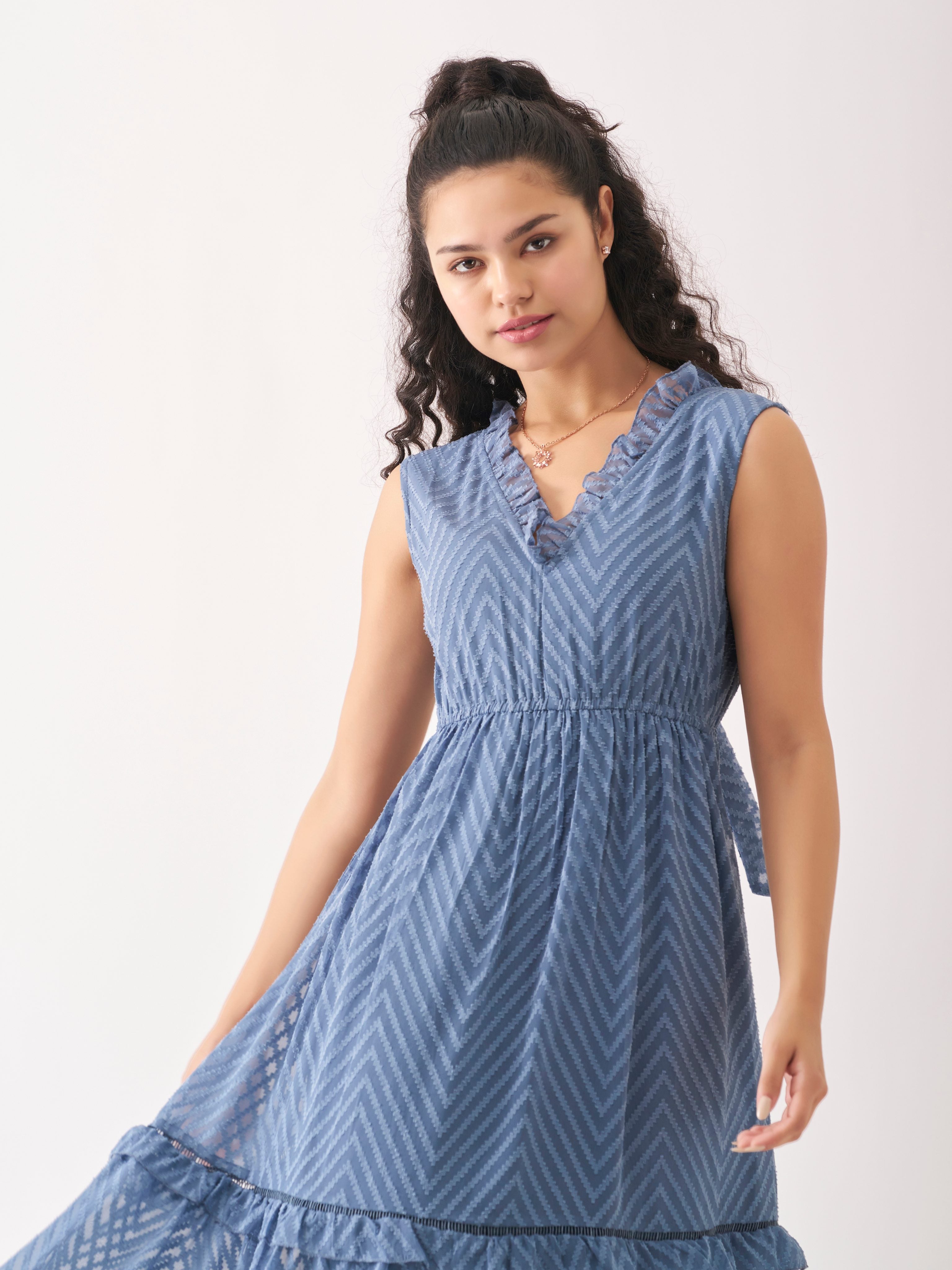 Slate Blue Chiffon Brasso Swiss Dot V-Neck Dress