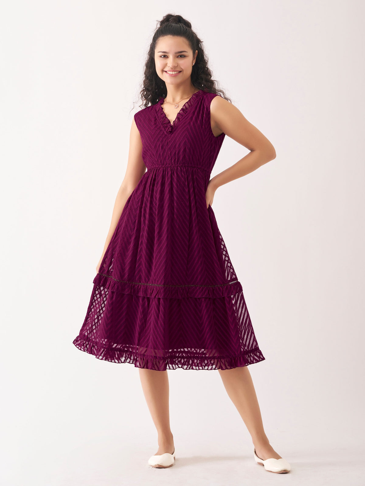 Wine Berry Chiffon Brasso Swiss Dot V-Neck Dress