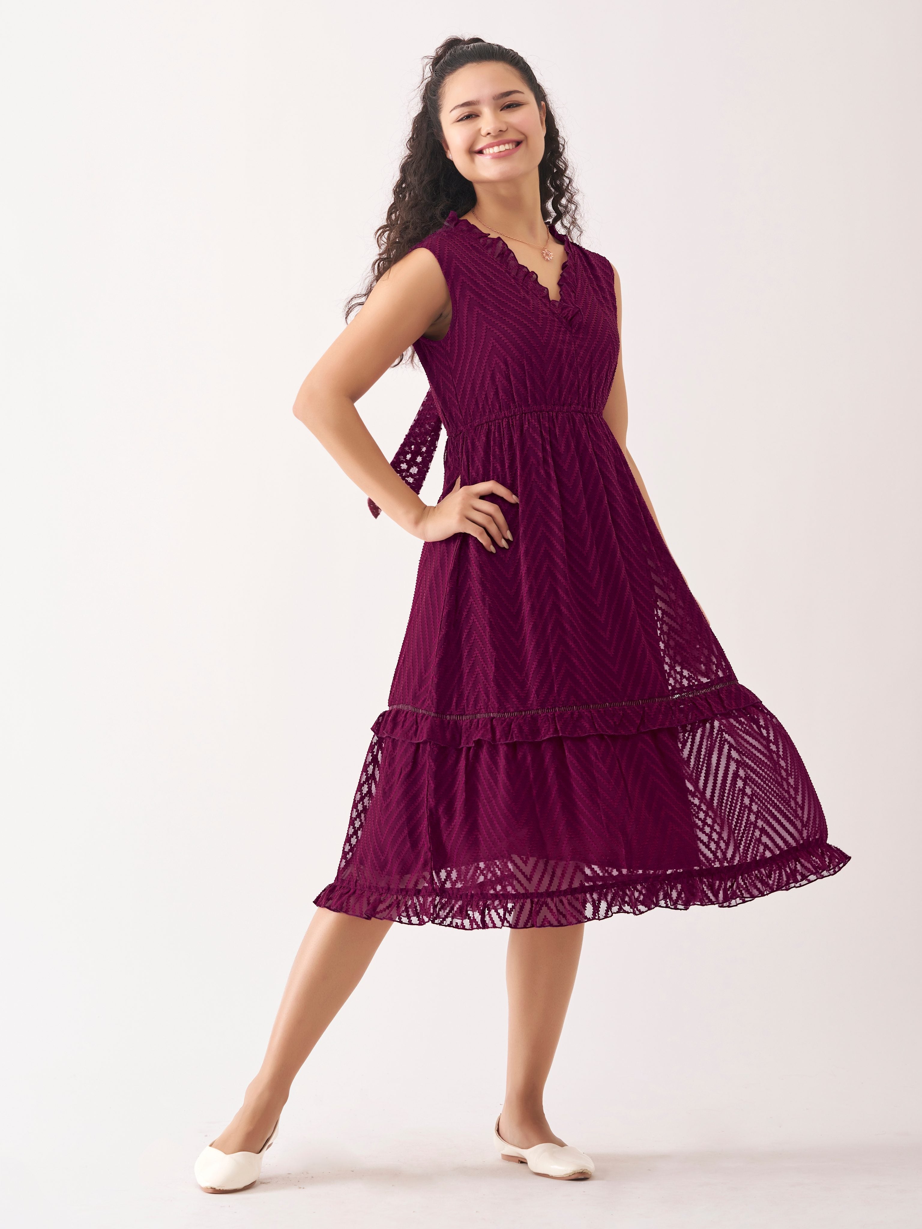 Wine Berry Chiffon Brasso Swiss Dot V-Neck Dress