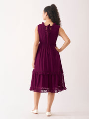 Wine Berry Chiffon Brasso Swiss Dot V-Neck Dress