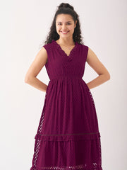 Wine Berry Chiffon Brasso Swiss Dot V-Neck Dress