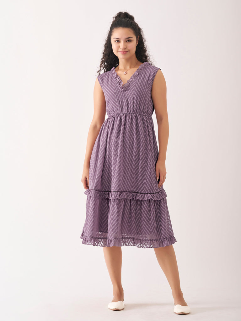 Purple Taupe Chiffon Brasso Swiss Dot V-Neck Dress