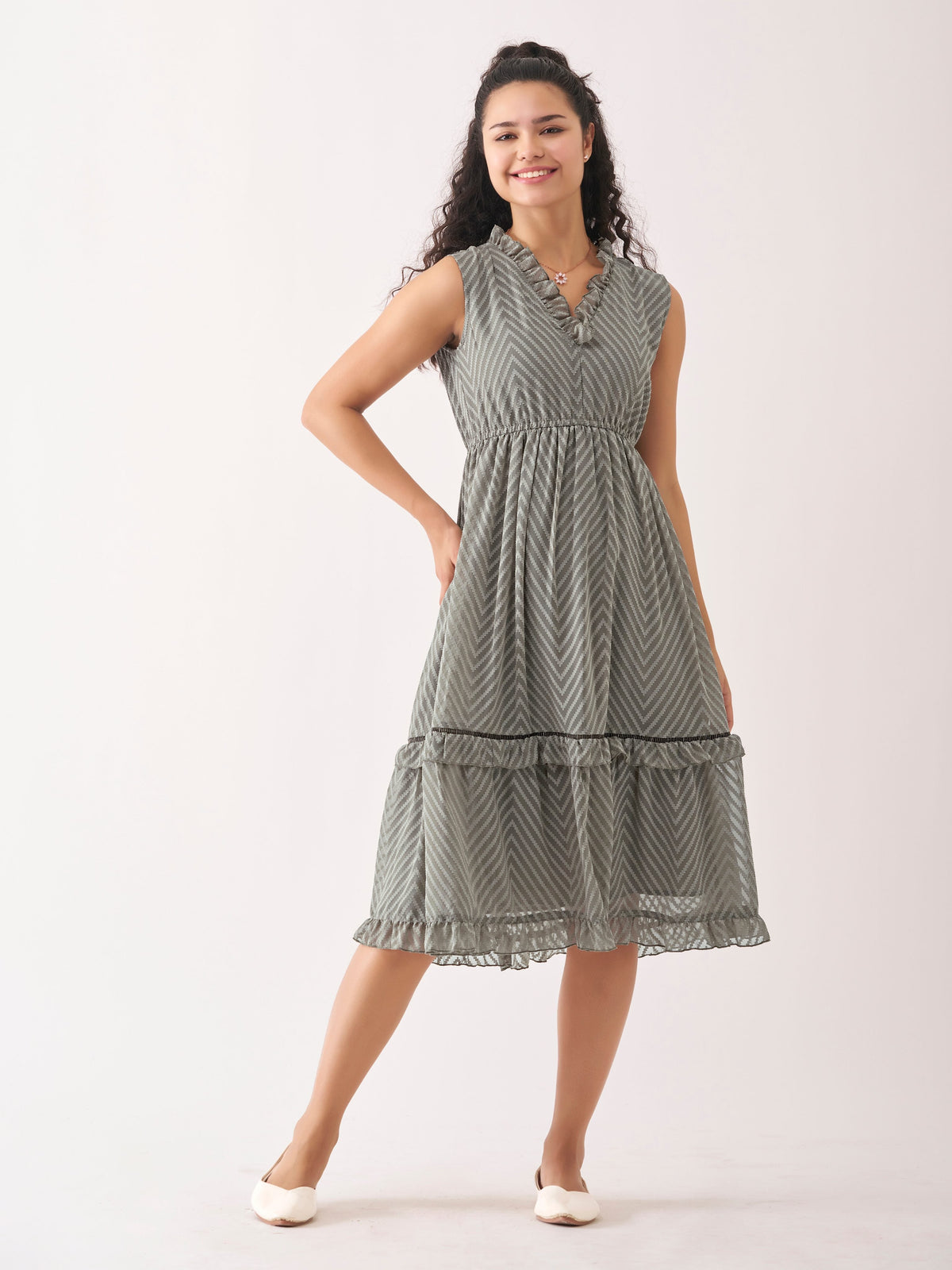 Light Grey Chiffon Brasso Swiss Dot V-Neck Dress