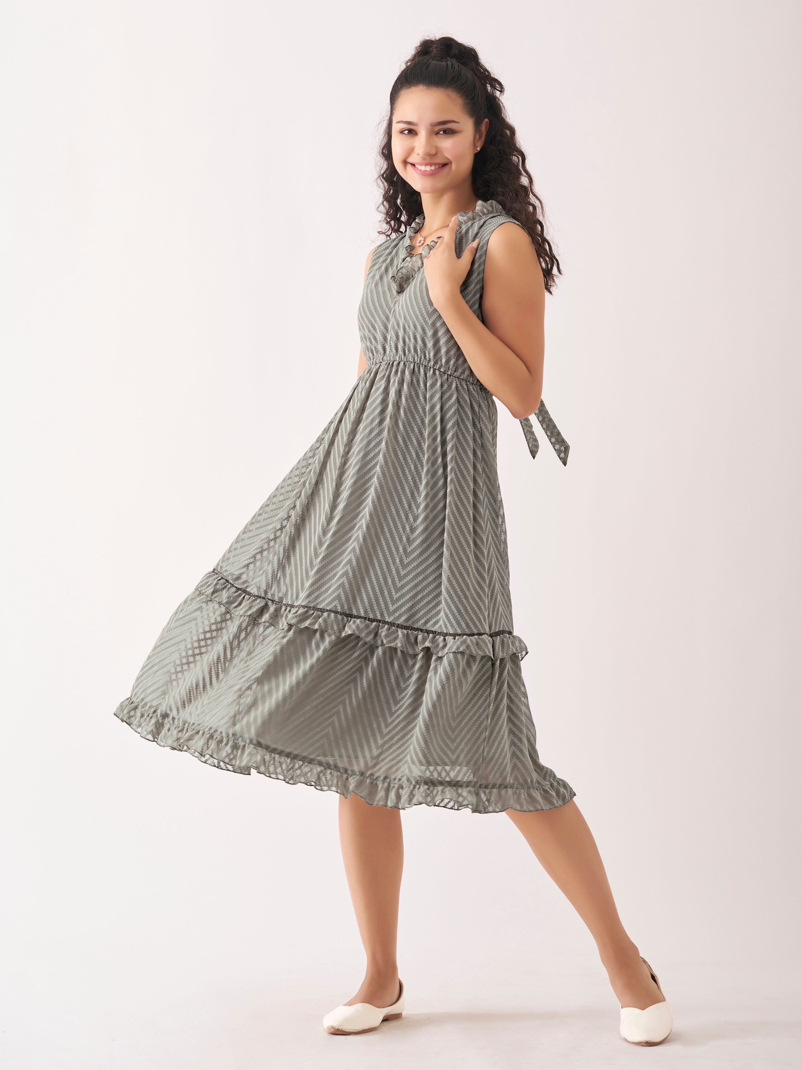 Light Grey Chiffon Brasso Swiss Dot V-Neck Dress