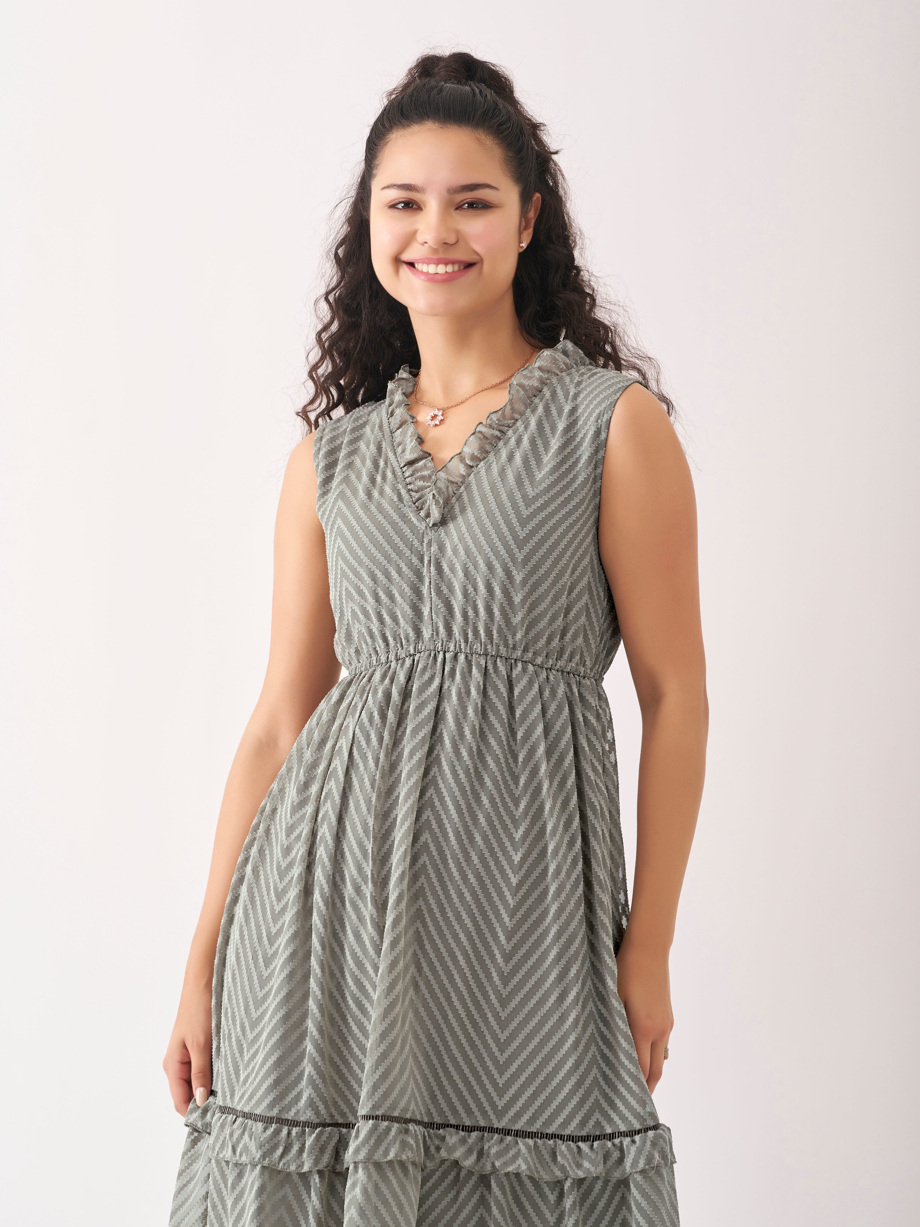 Light Grey Chiffon Brasso Swiss Dot V-Neck Dress