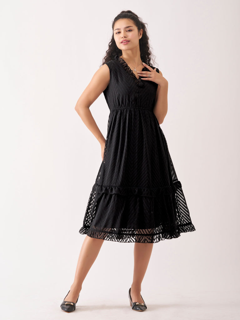 Black Chiffon Brasso Swiss Dot V-Neck Dress