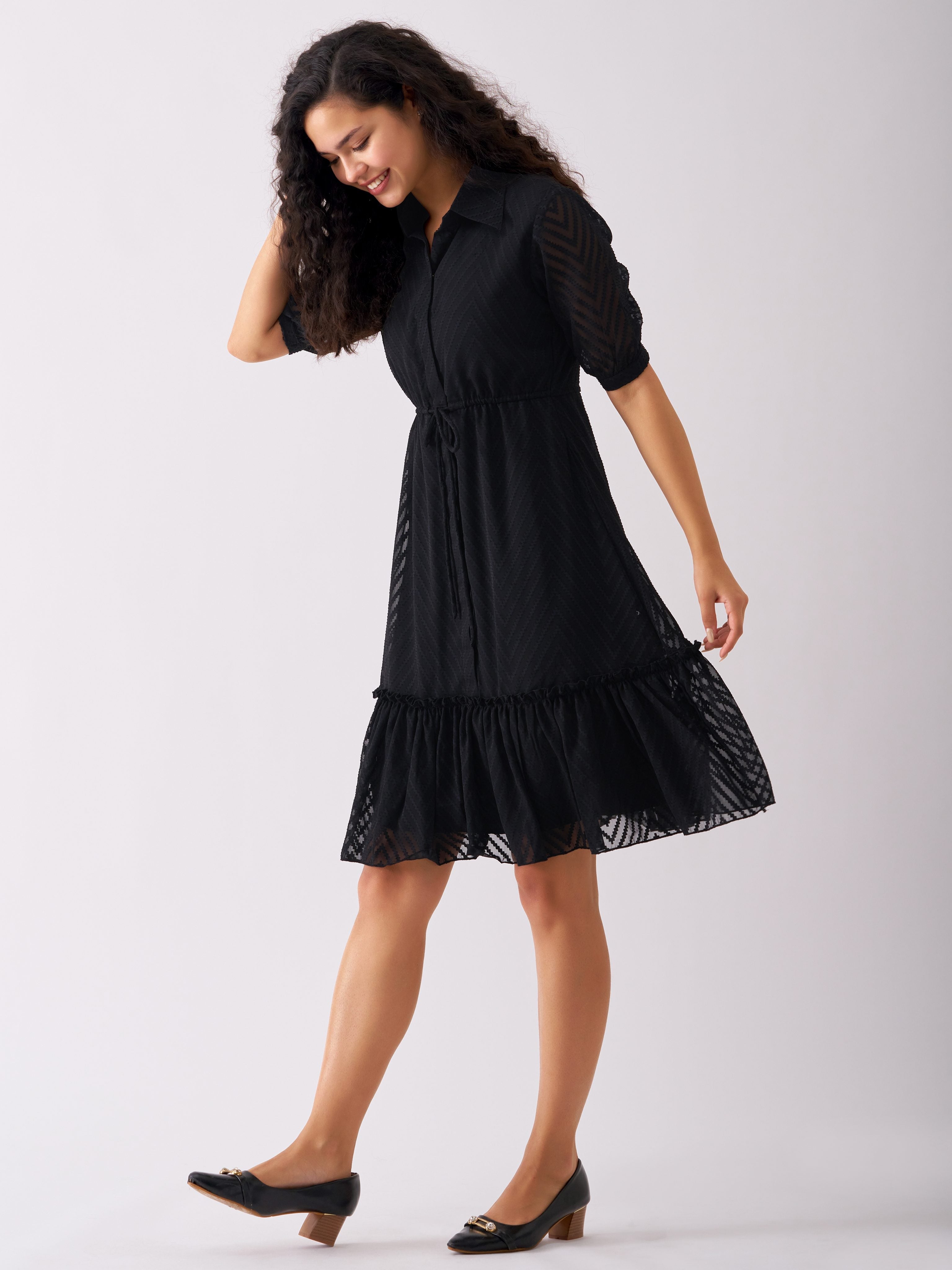 Black Chiffon Brasso Swiss Dot Point Collar Dress