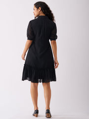 Black Chiffon Brasso Swiss Dot Point Collar Dress