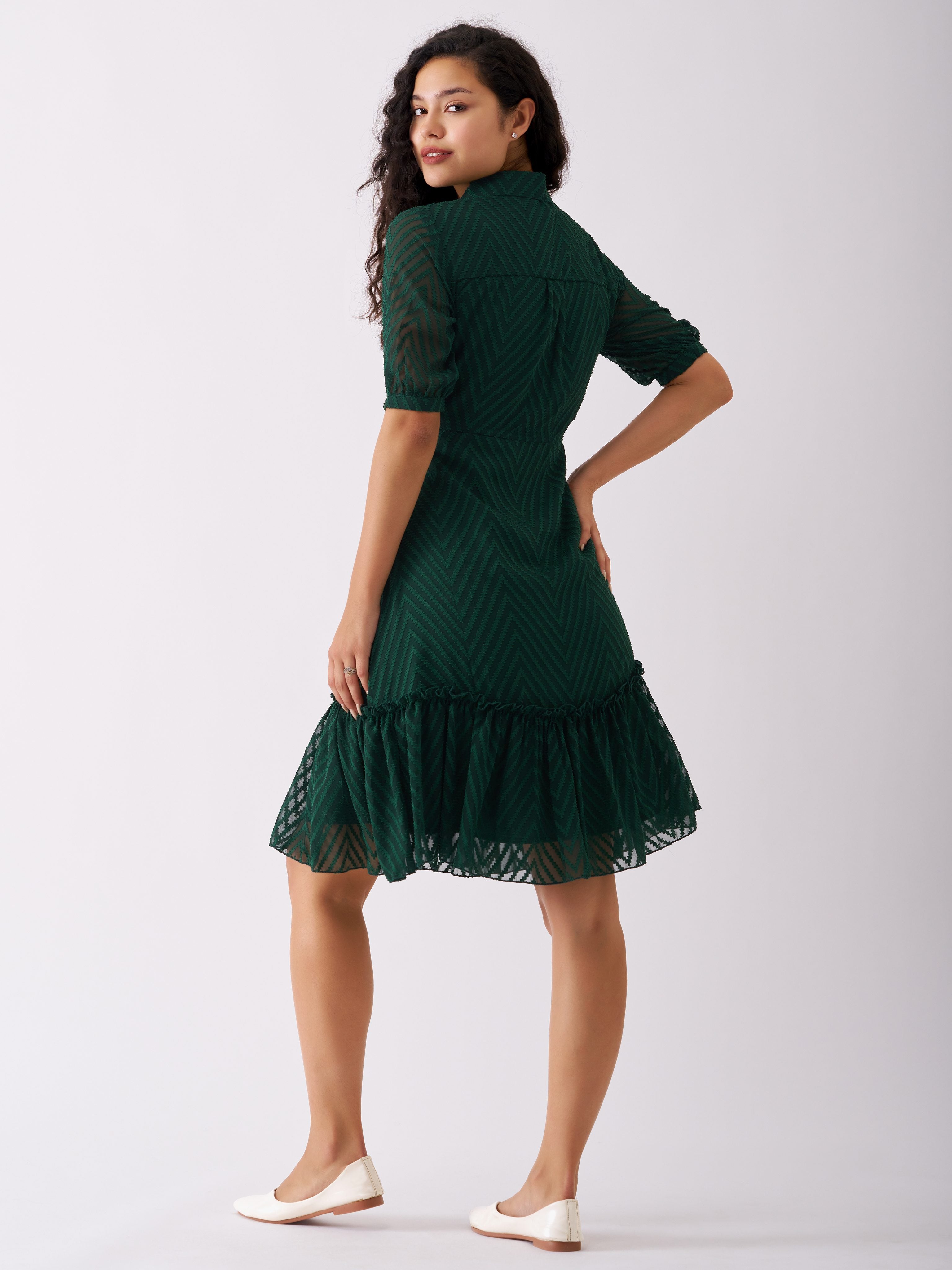 Dark Green Chiffon Brasso Swiss Dot Point Collar Dress ElinaFashion.com Dark Green Chiffon Brasso Swiss Dot Point Collar Dress ElinaFashion.com