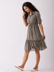 Grey Chiffon Brasso Swiss Dot Point Collar Dress