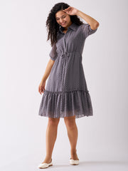 Steel Grey Chiffon Brasso Swiss Dot Point Collar Dress