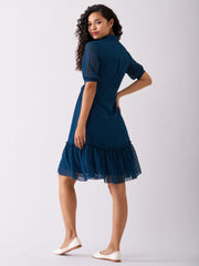 Peacock Blue Chiffon Brasso Swiss Dot Point Collar Dress