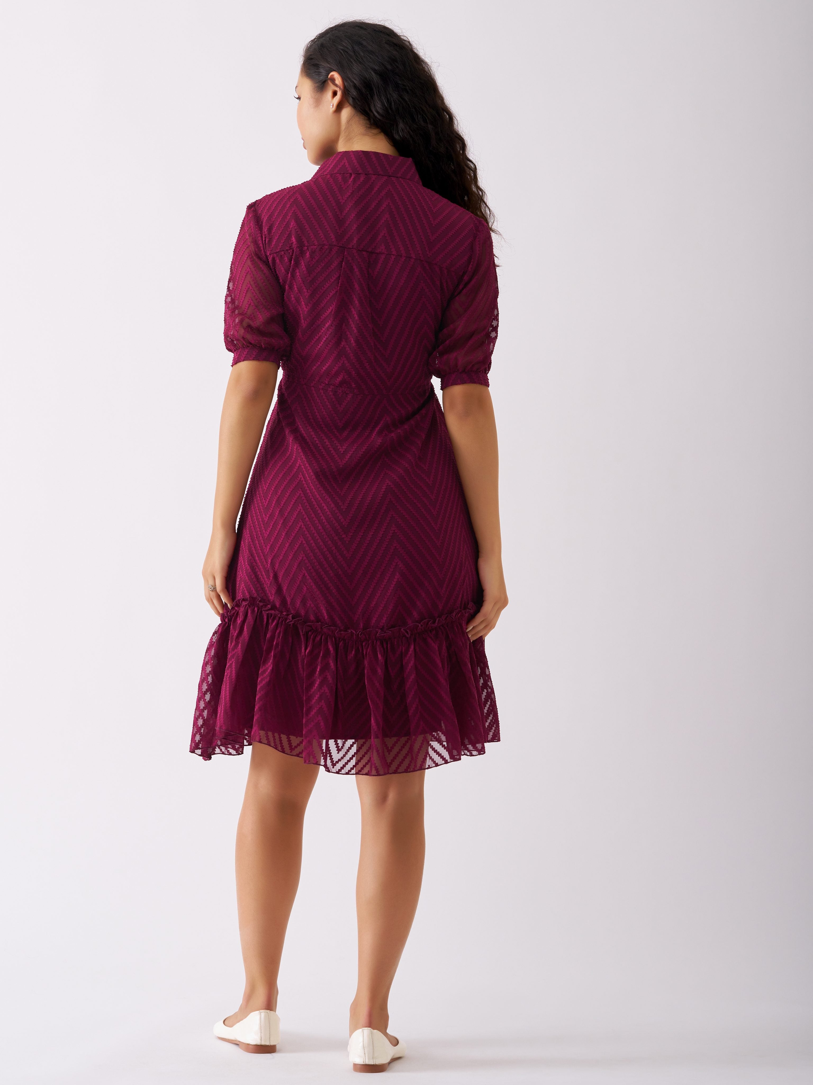 Wine Chiffon Brasso Swiss Dot Point Collar Dress