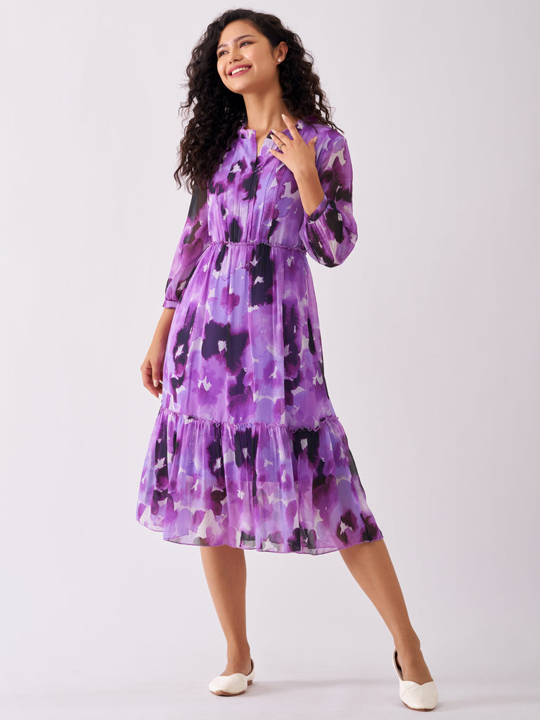 Purple Chiffon Swiss Dot V-Neck Dress