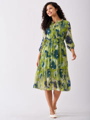 Parrot Green Chiffon Swiss Dot V-Neck Dress