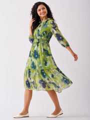 Parrot Green Chiffon Swiss Dot V-Neck Dress