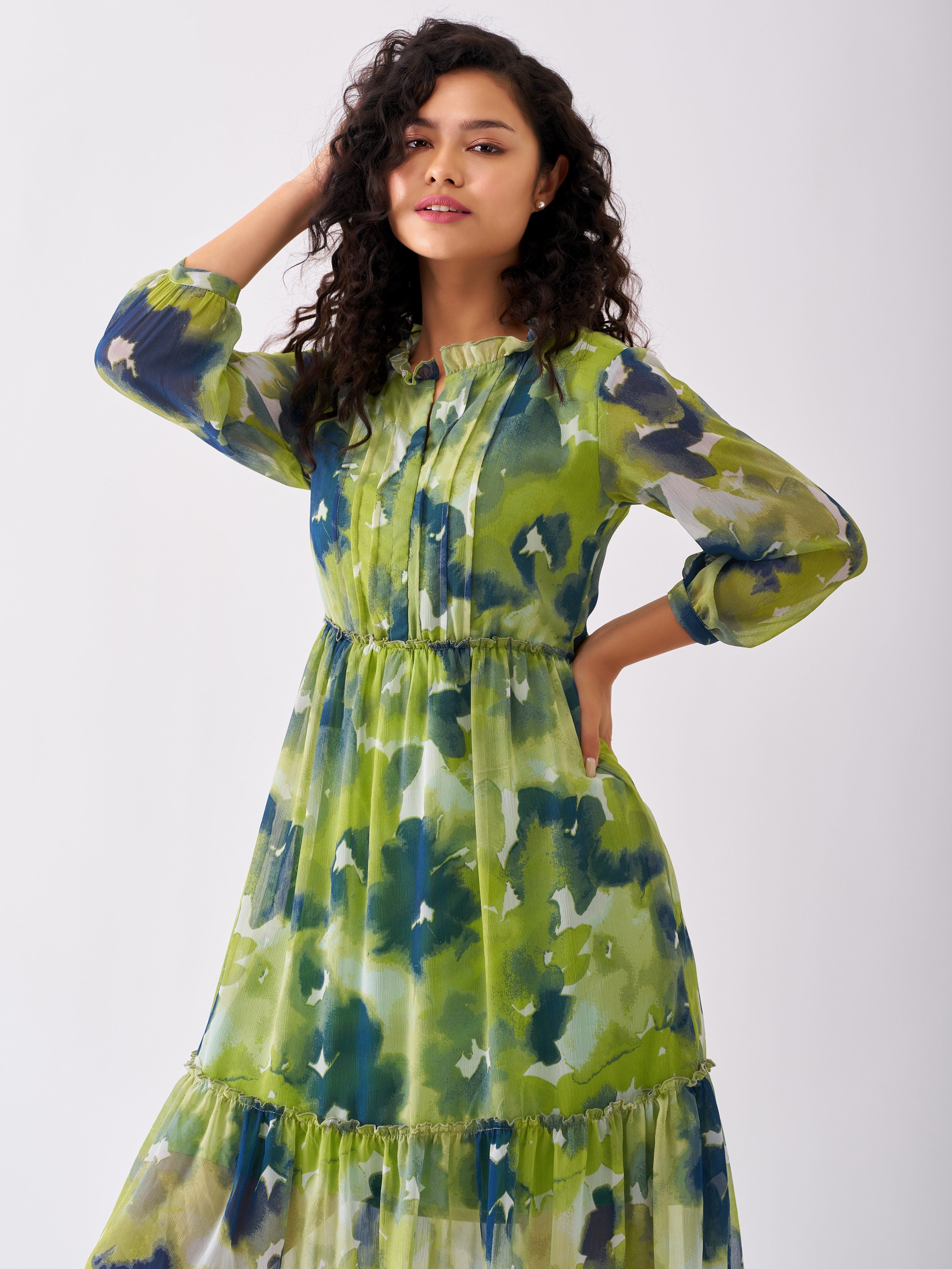 Parrot Green Chiffon Swiss Dot V-Neck Dress