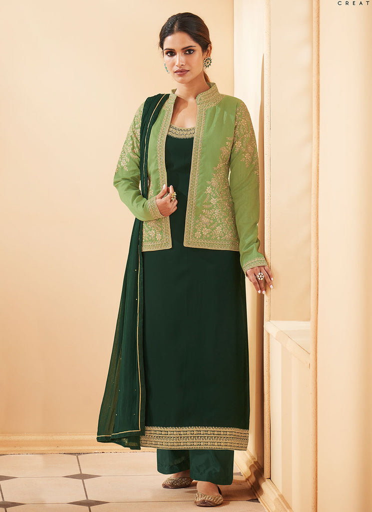 Art Silk Embroidery Jacket Style Suit In Yellow And Green Colour - SM4452217