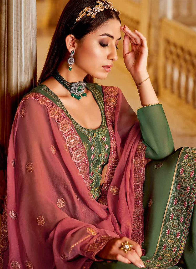 Green Embroidered Palazzo Suit For Festival