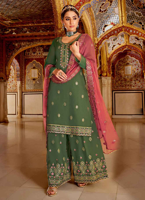 Green Embroidered Palazzo Suit For Festival