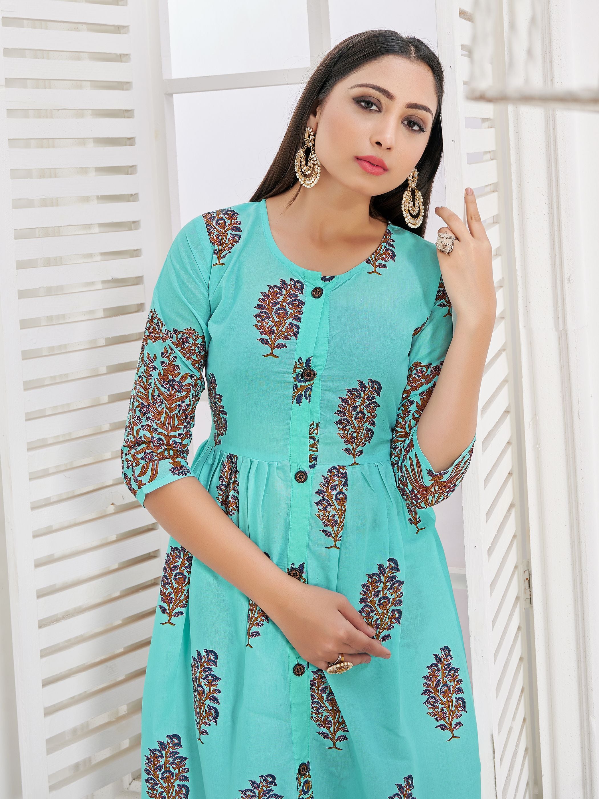 Party Wear Kurti Turquoise Color Rayon Block Print Dress For Party