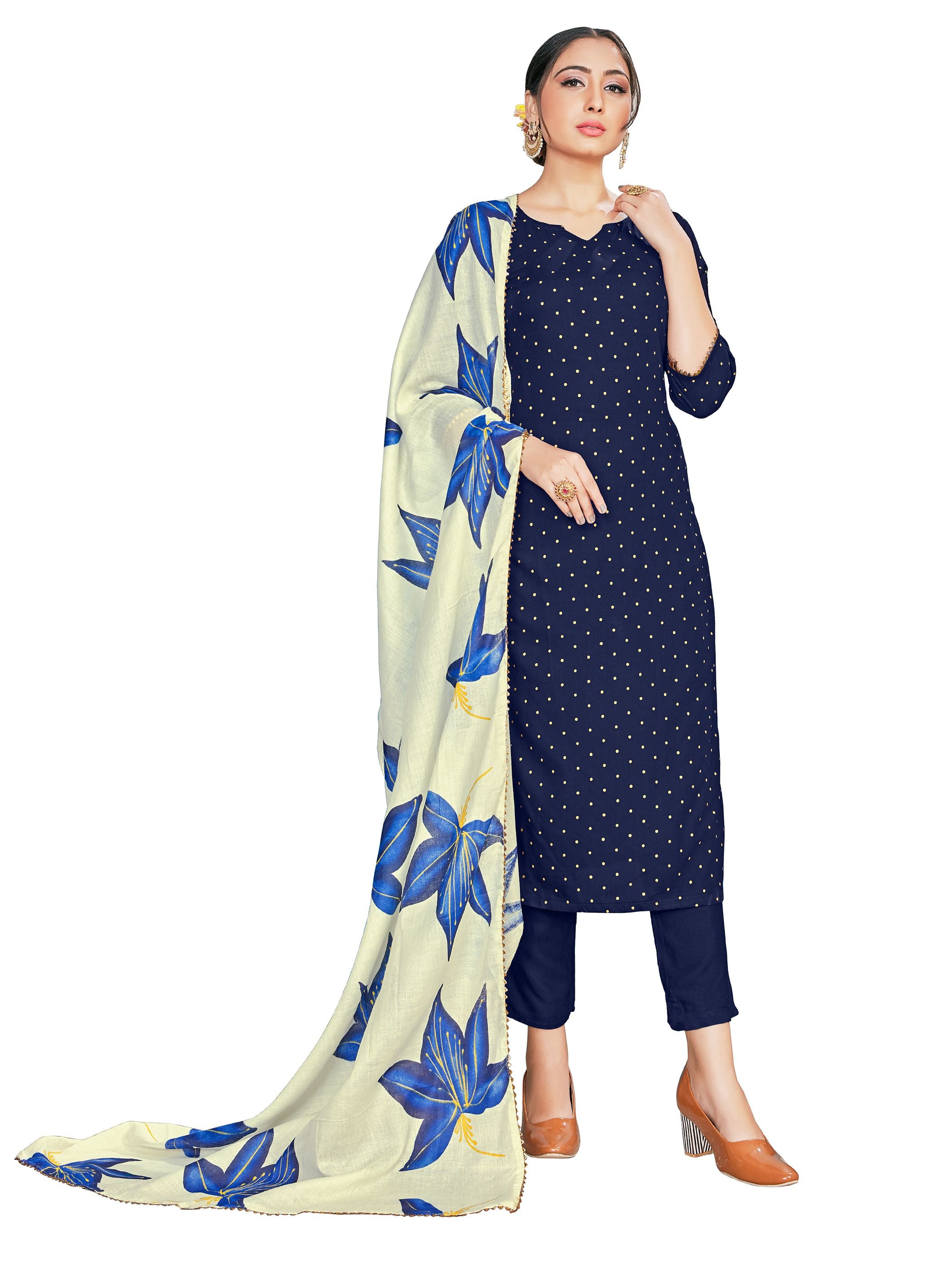 Kurta Set Navy Blue Color Rayon Foil Print Dress For Ceremonial