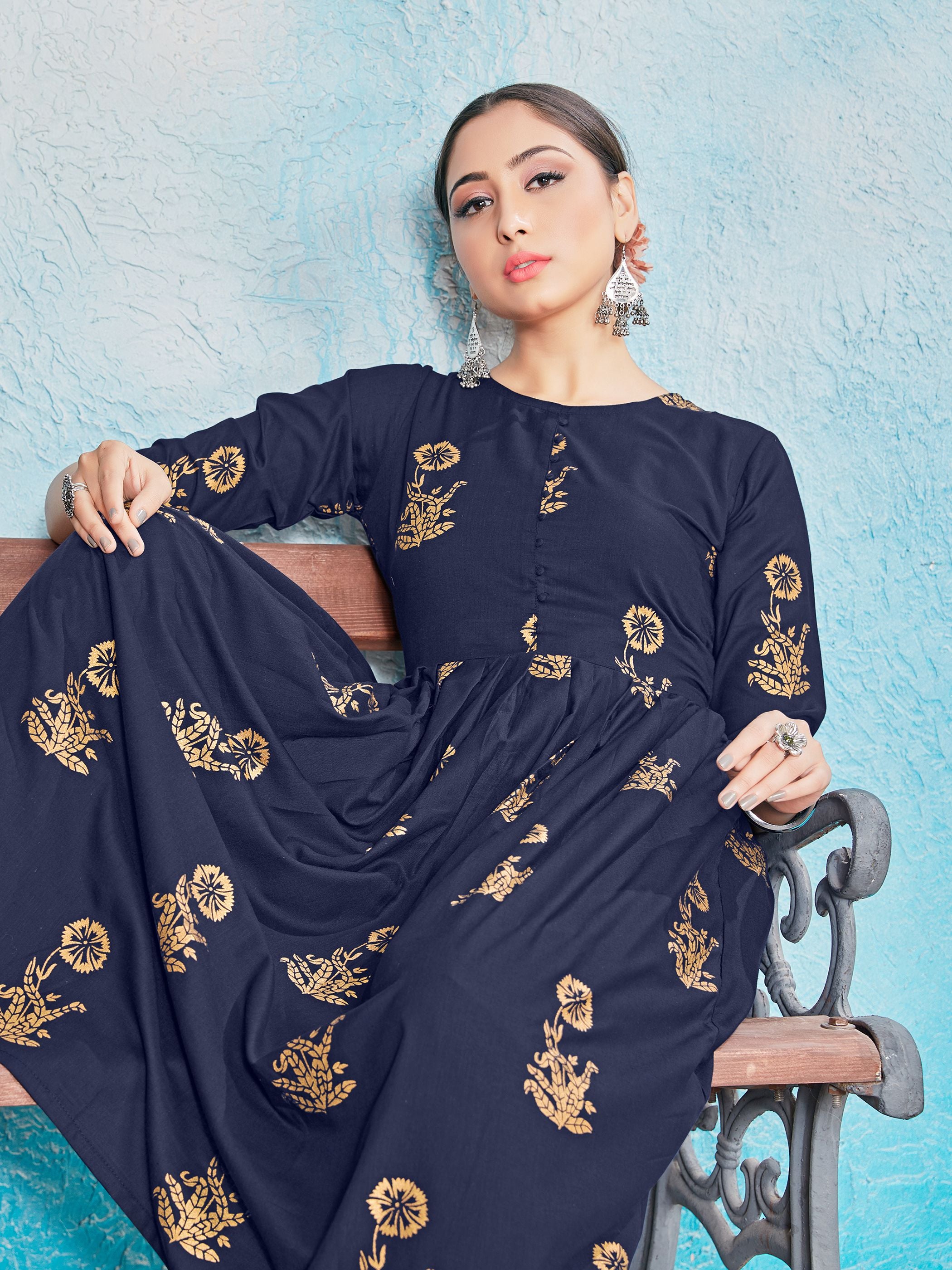 Kurta Set Navy Blue Color Rayon Foil Print Dress For Ceremonial