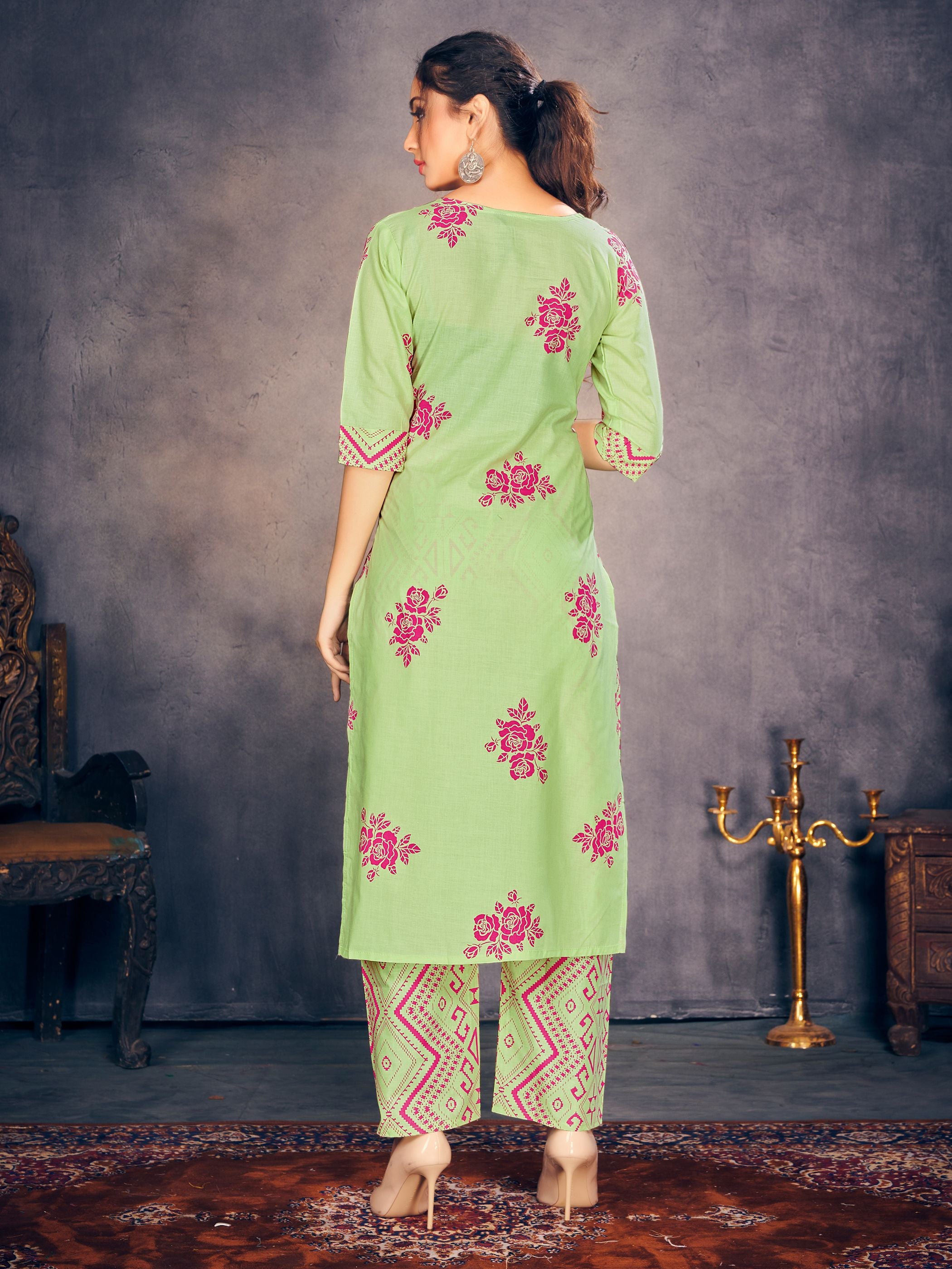 Party Wear Kurti Green Color Rayon Block Print Dress For Party