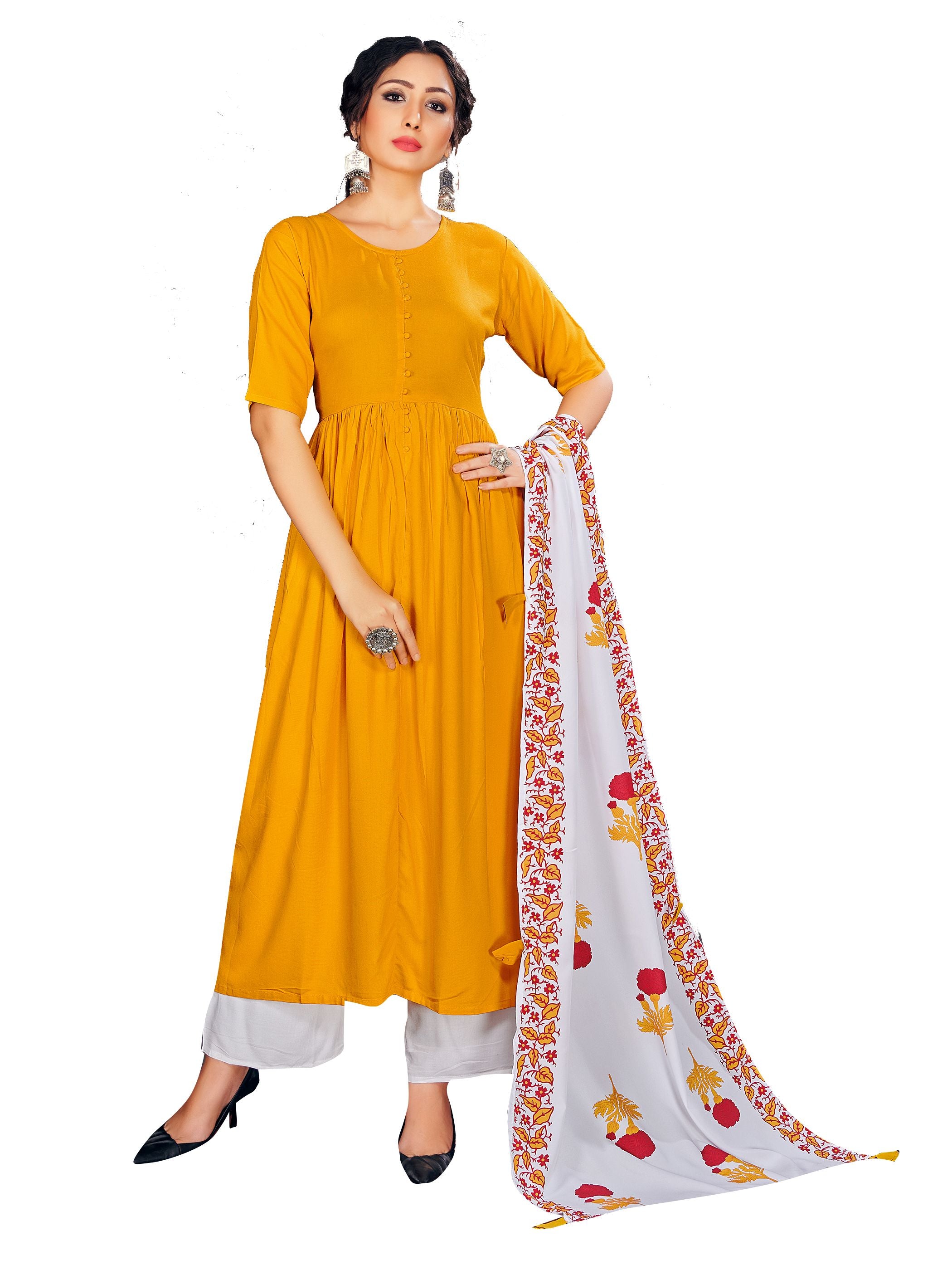 Party Wear Kurti Yellow Color Rayon Solid Dress For Party