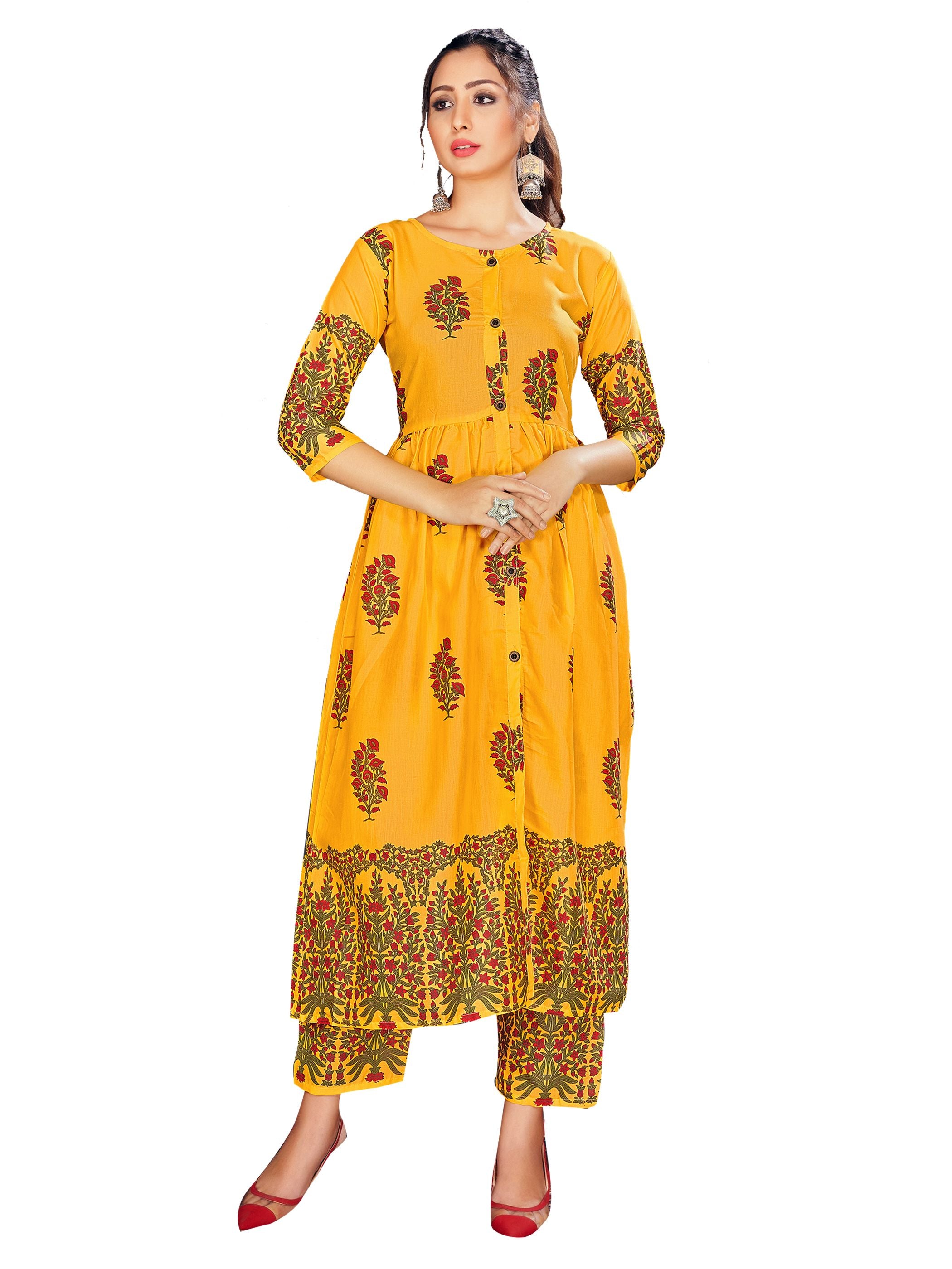 Party Wear Kurti Yellow Color Rayon Block Print Dress For Party