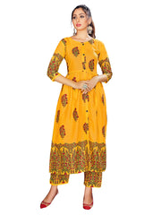 Party Wear Kurti Yellow Color Rayon Block Print Dress For Party